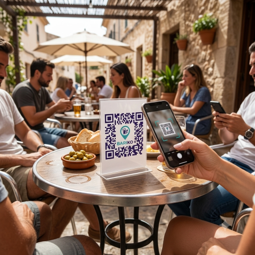 Clientes en terraza escaneando Qr Bariko